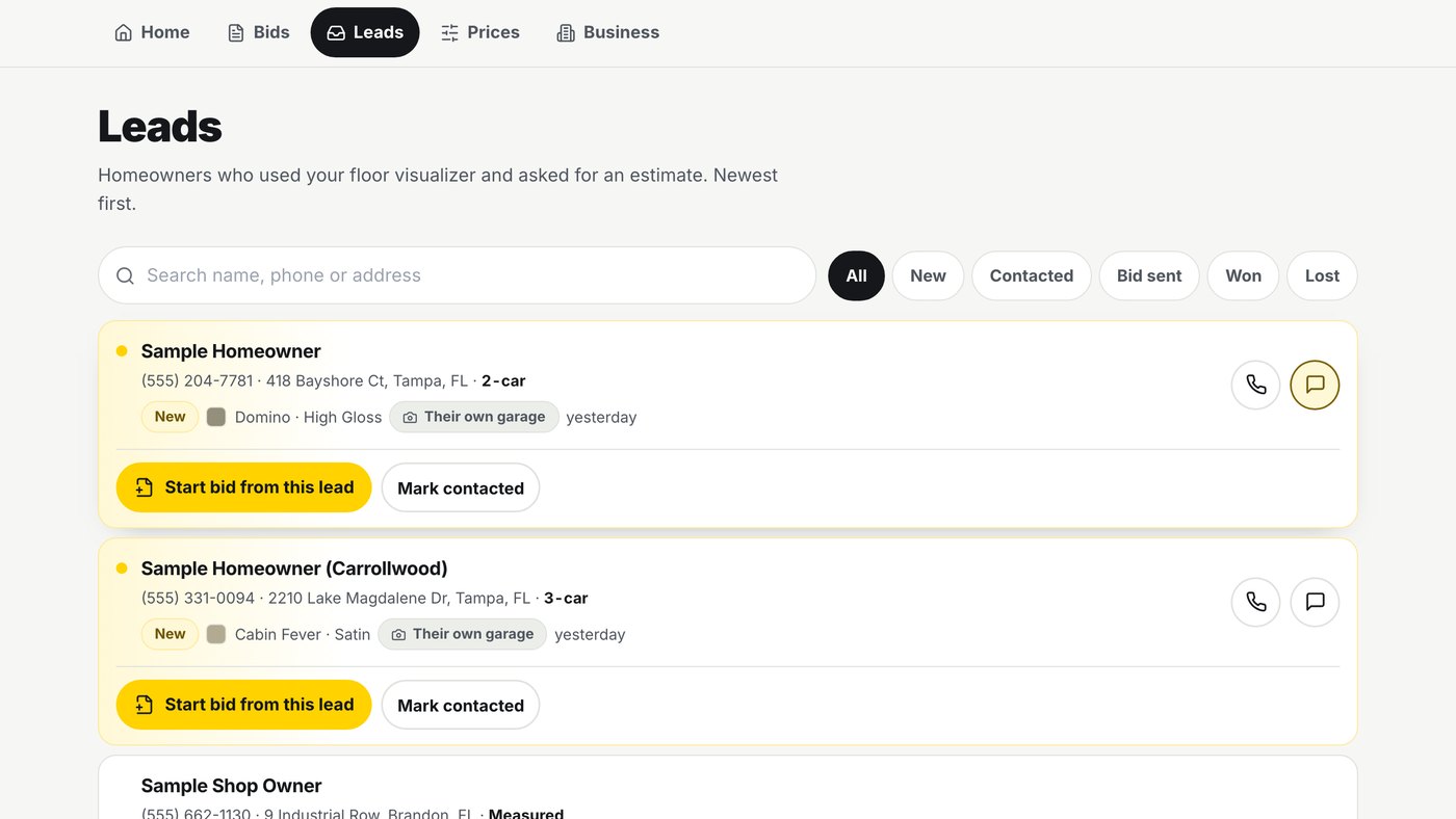 The leads inbox, showing new homeowner enquiries with the colour each one picked
